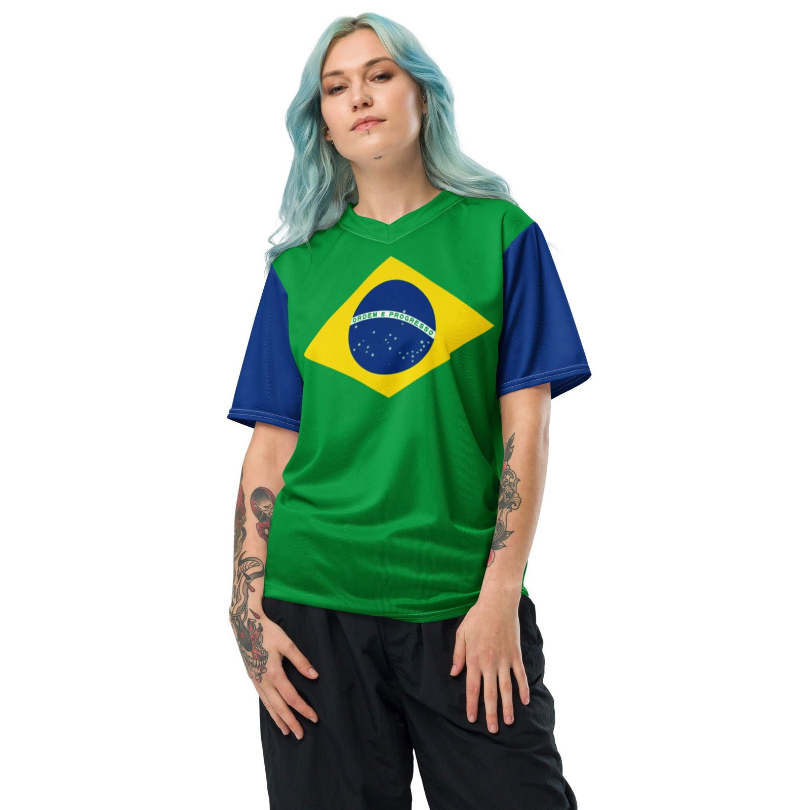 Brazil flag recycled unisex sports jersey front view