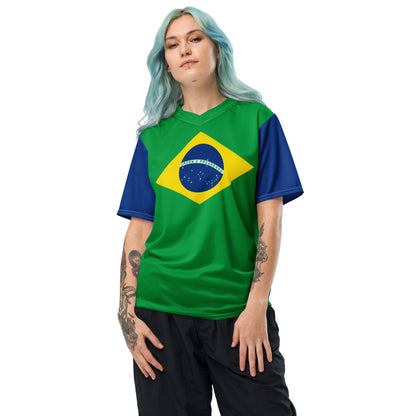 Brazil flag recycled unisex sports jersey front view