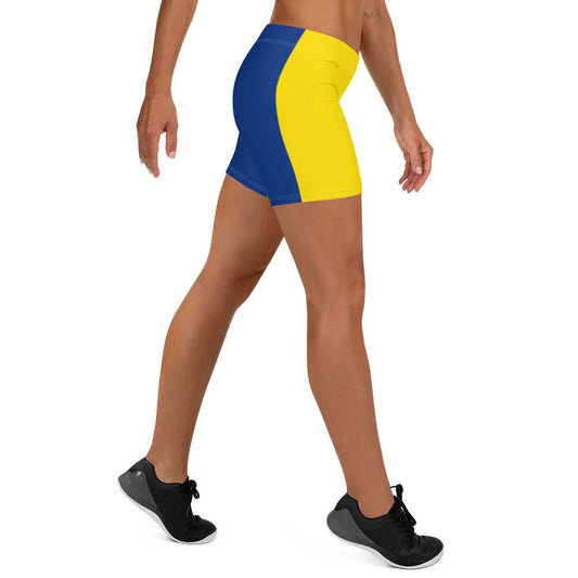 Brazilian flag shorts with a colorful green yellow and blue design