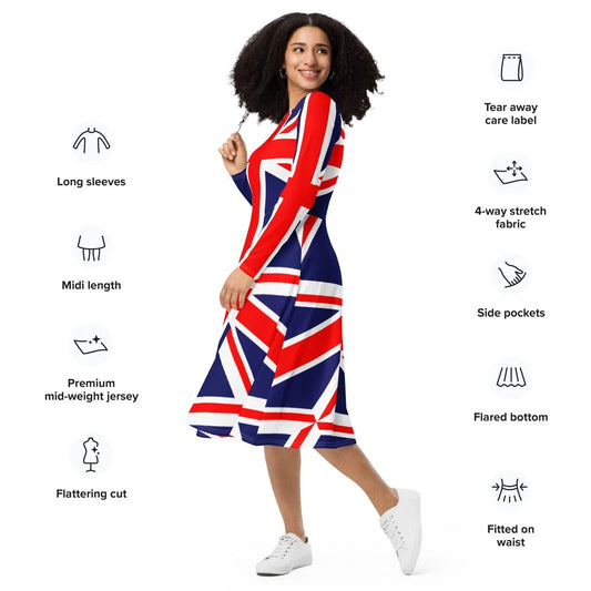 British flag midi dress for plus size women with pockets