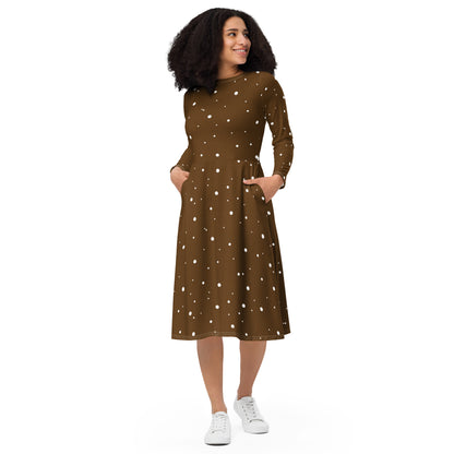 Brown and white polka dot midi dress with sleeves and pockets