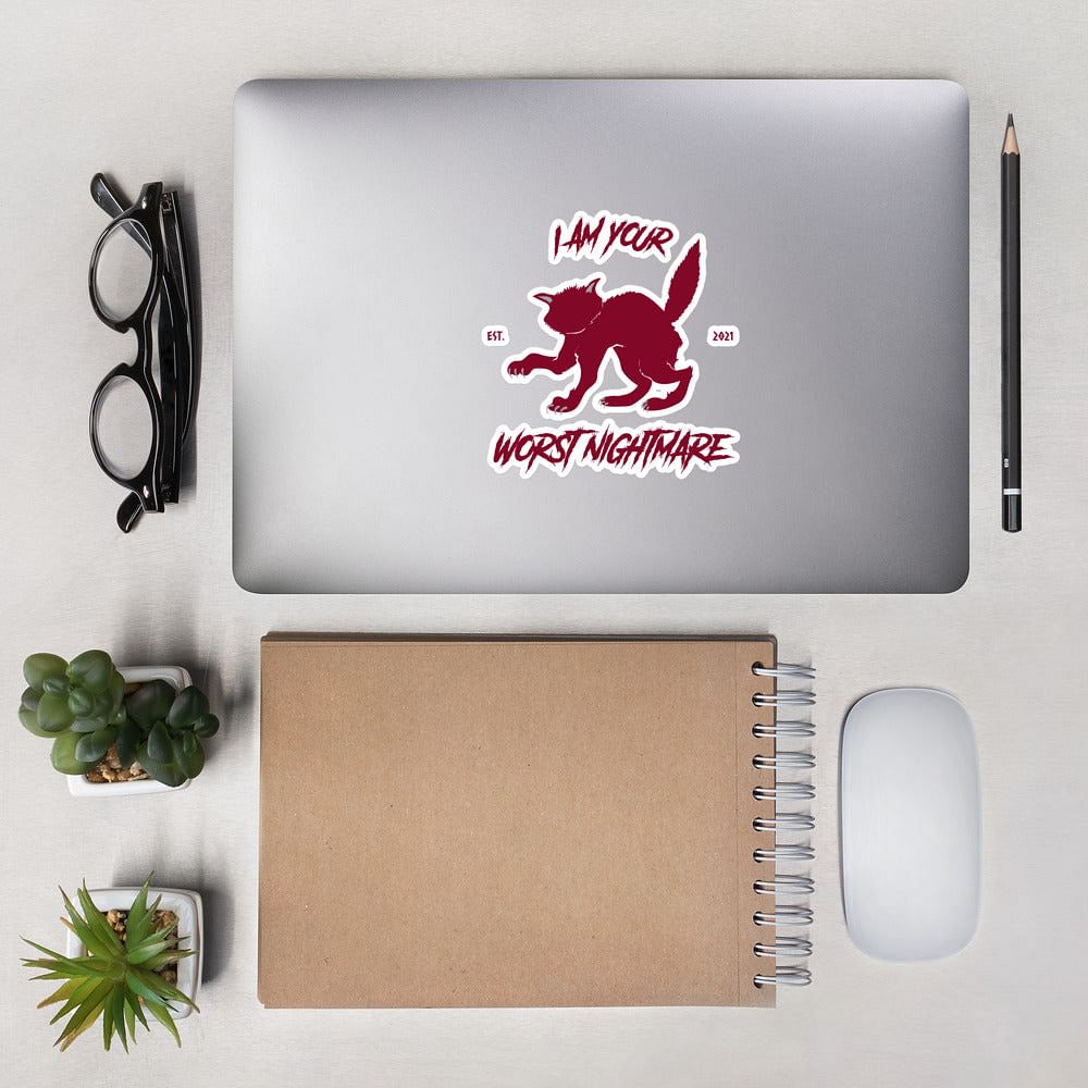 Bubble-free cat sticker with I Am Your Worst Nightmare design on laptop