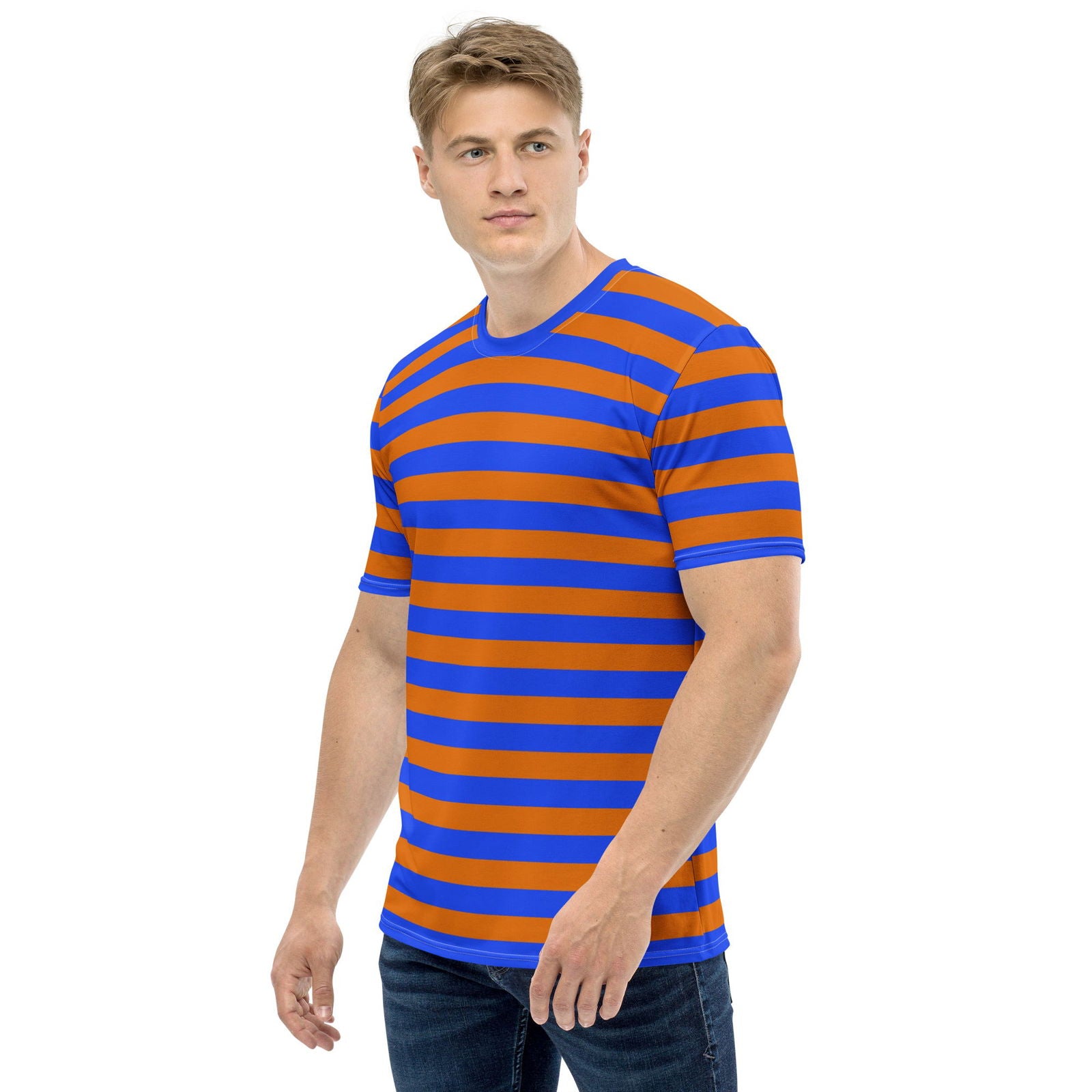 Casual blue orange striped t-shirt men outfit