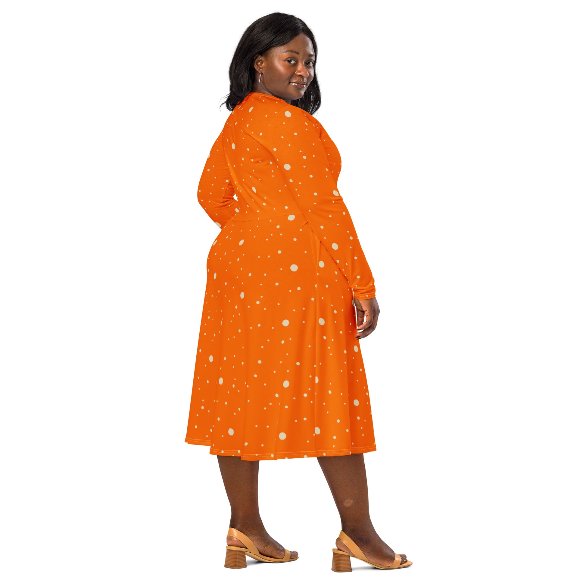 Casual orange and white midi dress with flattering waistline