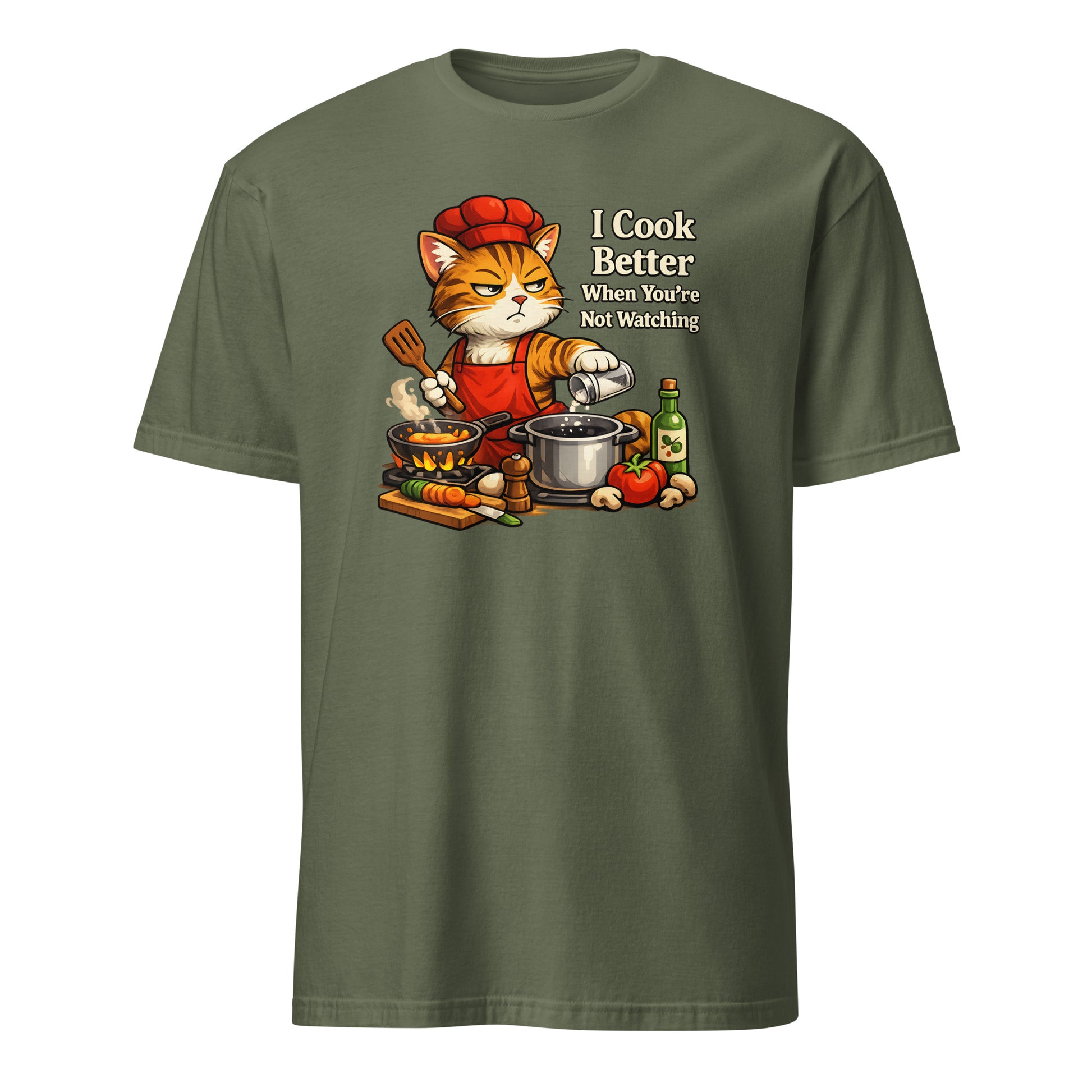 Cat cooking T-shirt with humorous kitchen quote