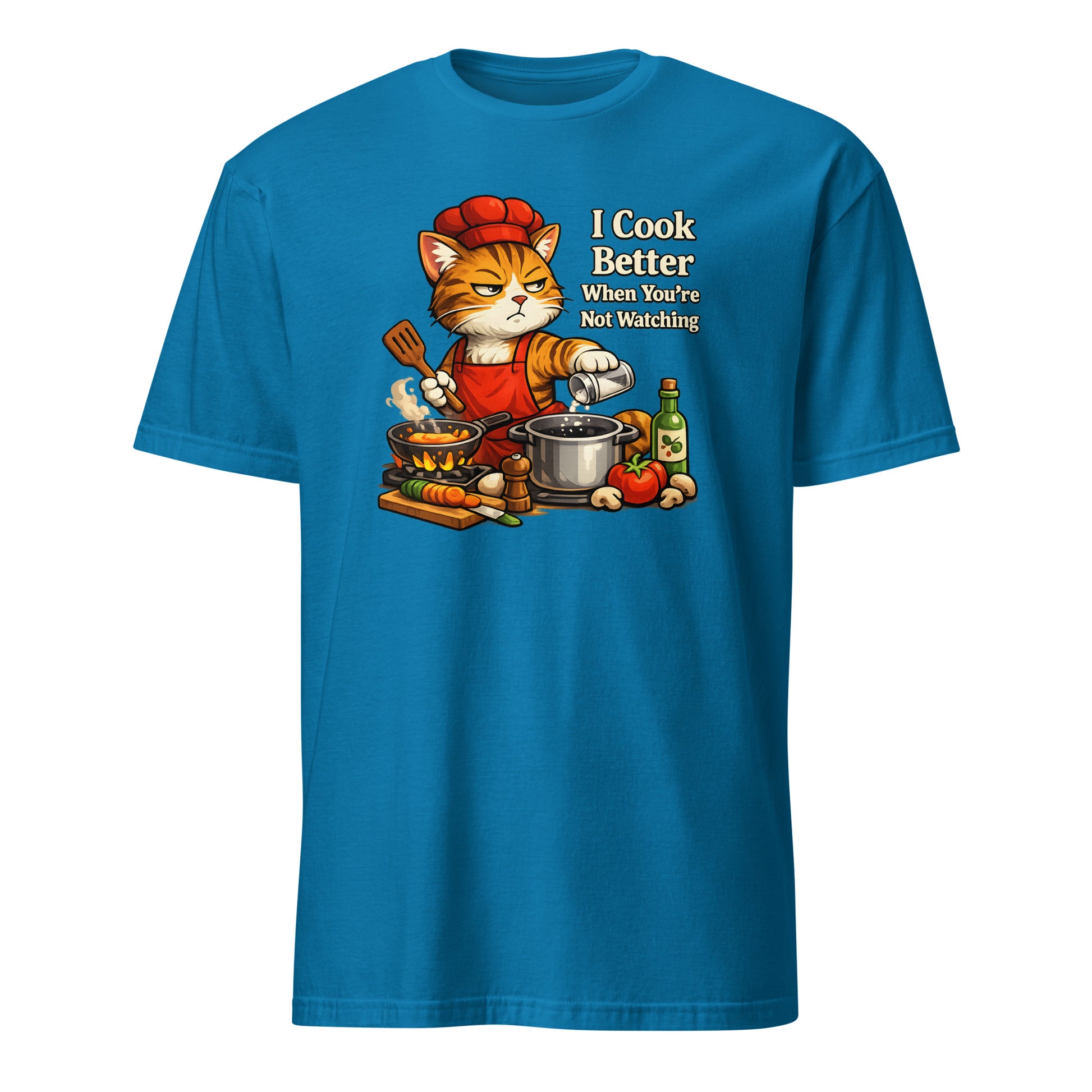 Cat doing human things cooking graphic tee