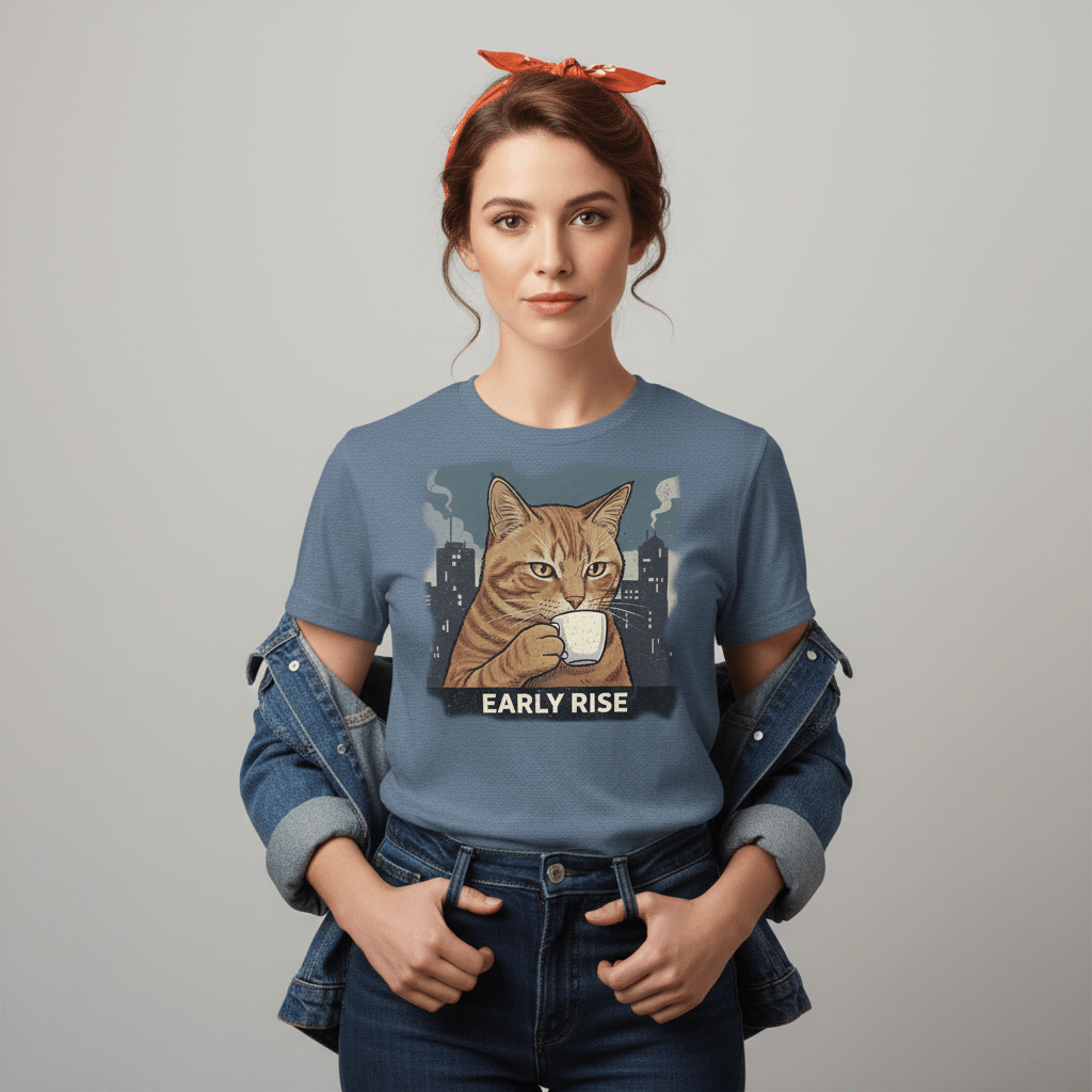 Cat drinking coffee t-shirt with illustrated cat holding a tiny mug