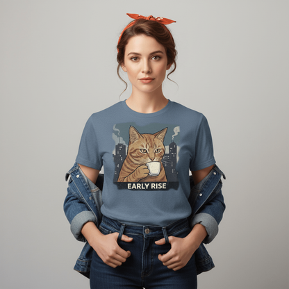 Cat drinking coffee t-shirt with illustrated cat holding a tiny mug