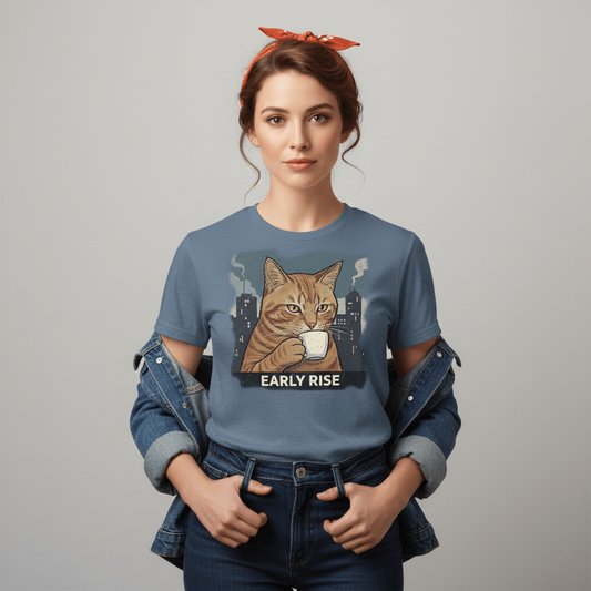 Cat drinking coffee t-shirt with illustrated cat holding a tiny mug