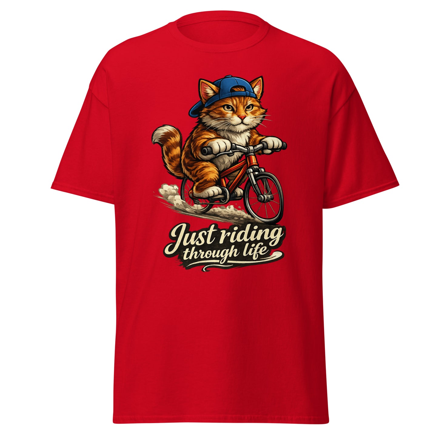 Cat riding on a bicycle t-shirt made of 100 percent cotton