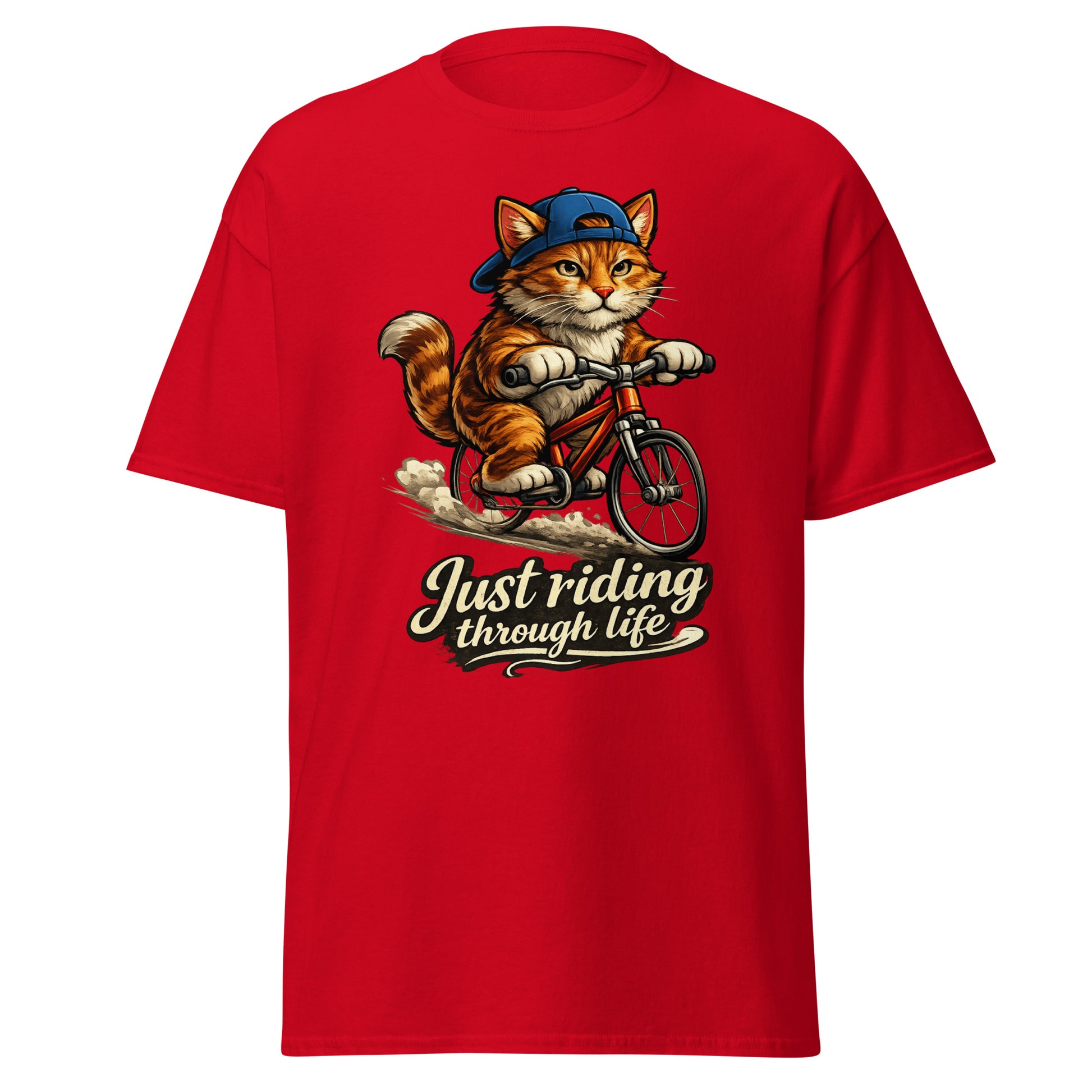 Cat riding on a bicycle t-shirt made of 100 percent cotton