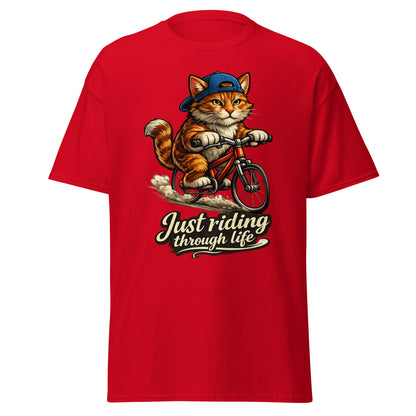 Cat riding on a bicycle t-shirt made of 100 percent cotton
