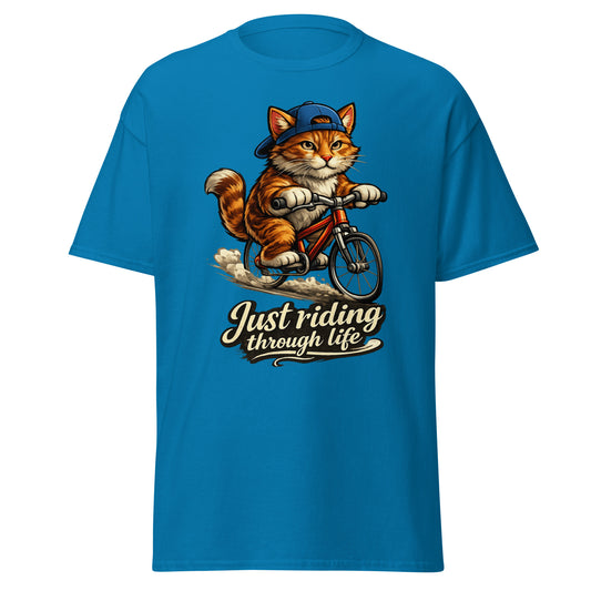 Cat riding on a bicycle t-shirt with funny graphic design