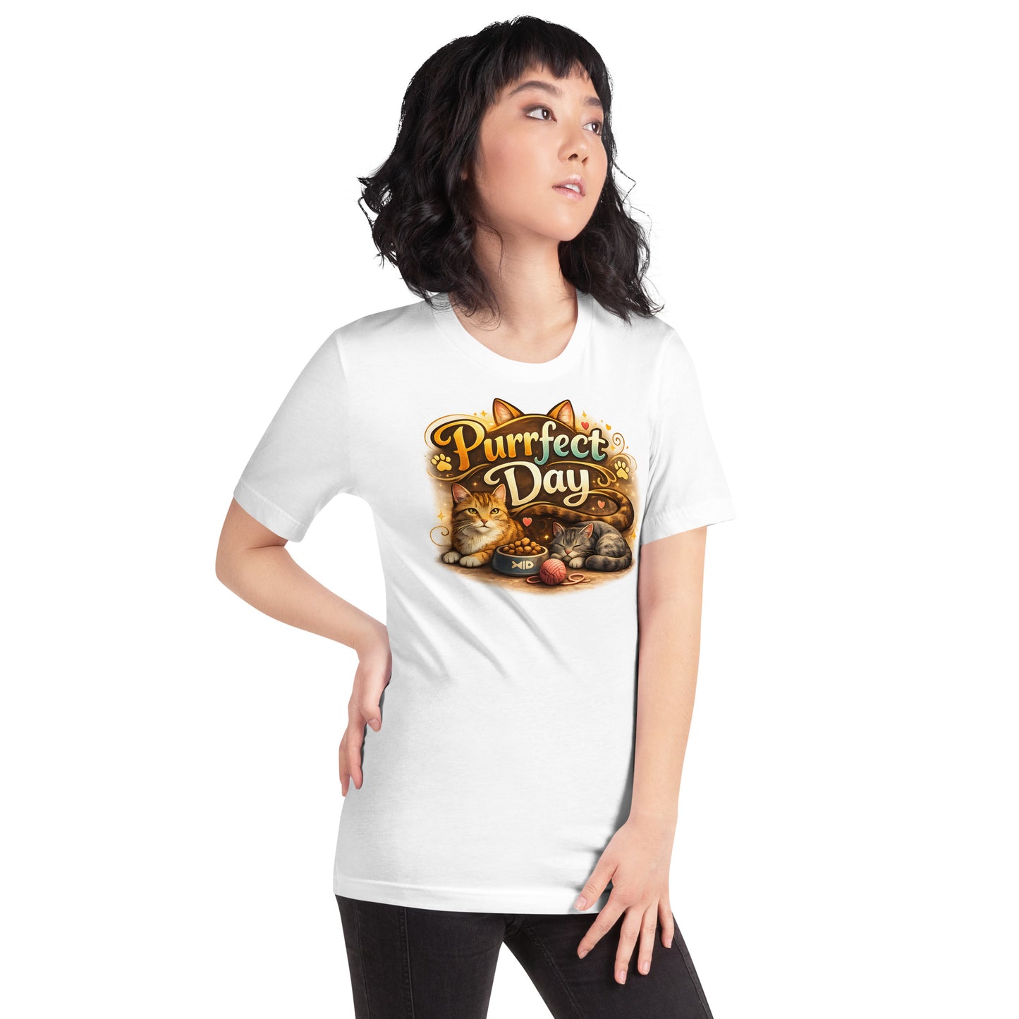 Cat themed graphic tee with relaxed cats and yarn