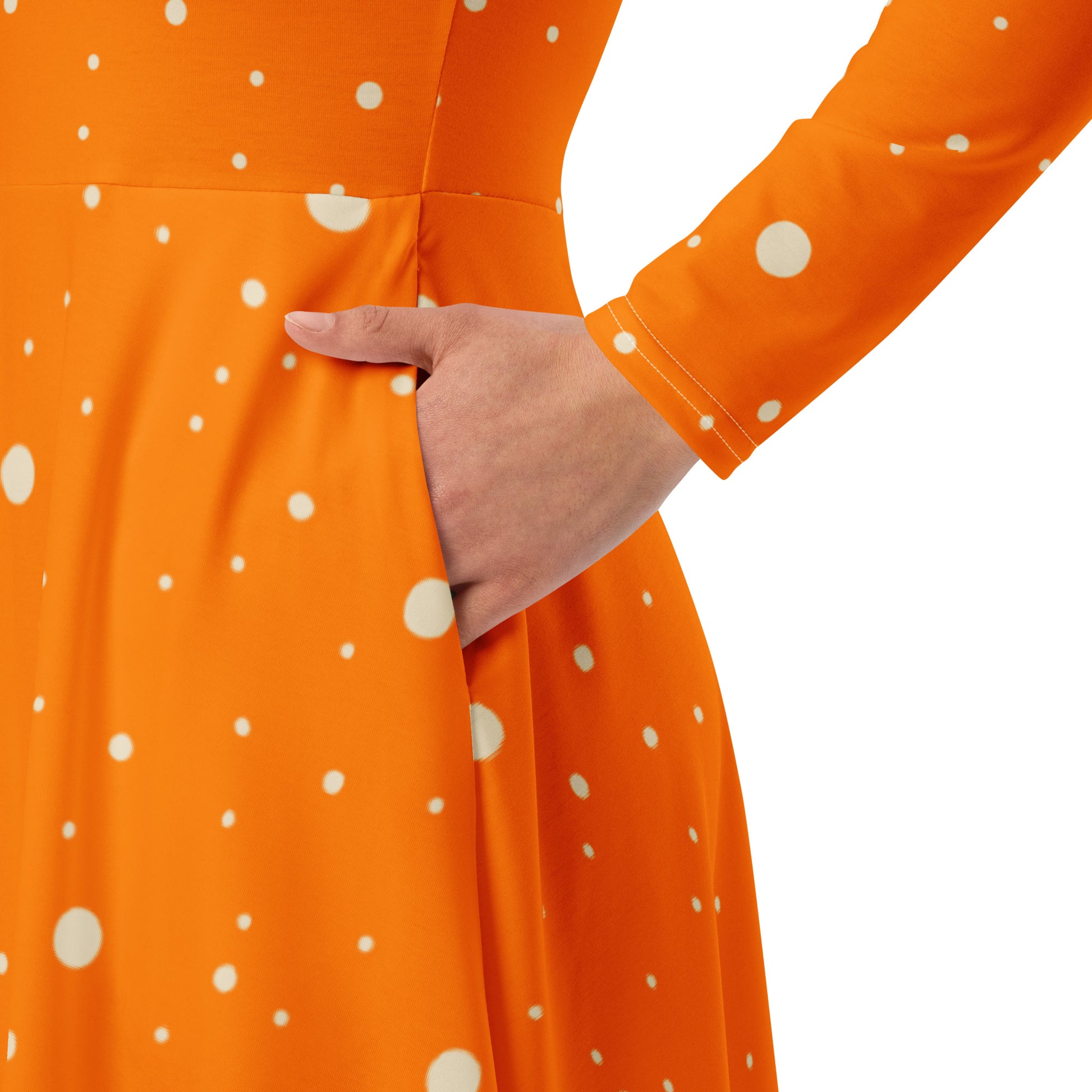 Chic orange and white polka dot dress with side pockets