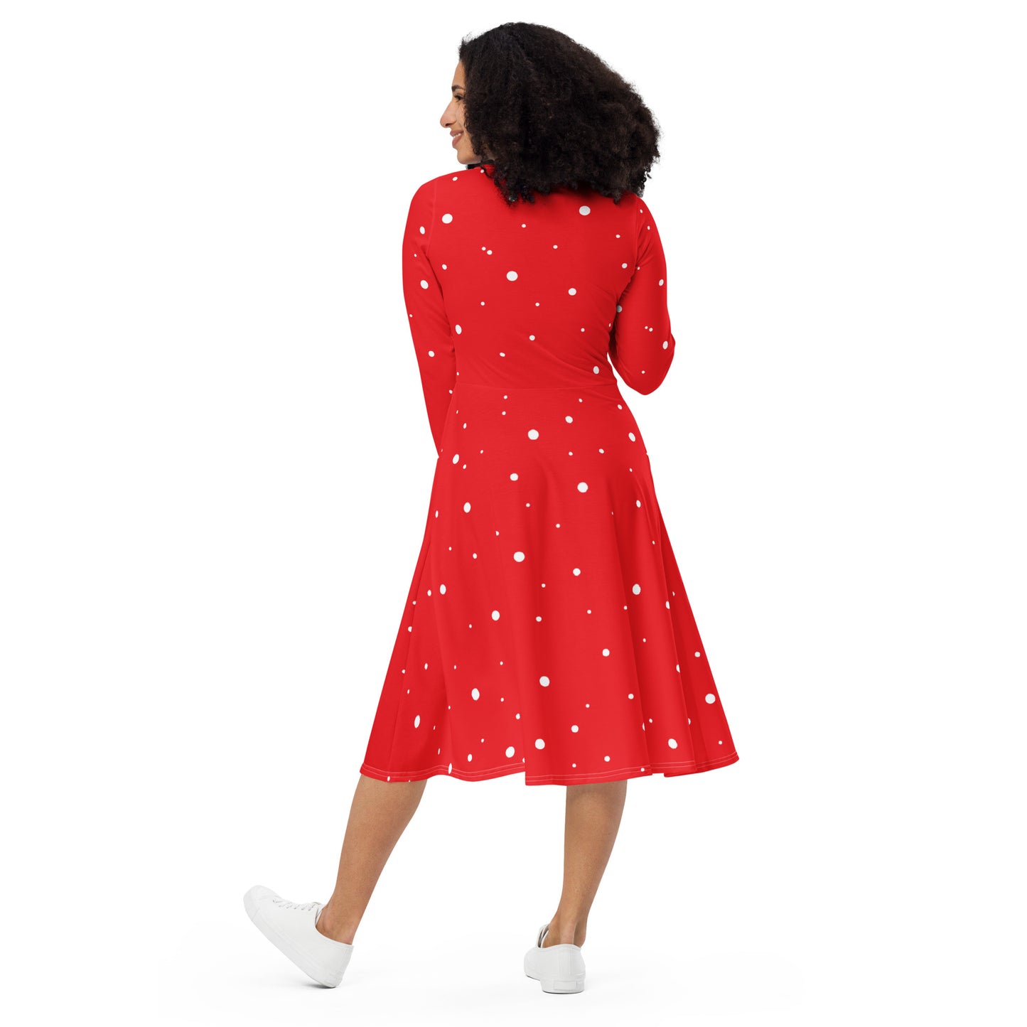 Classic red midi dress with playful white polka dots