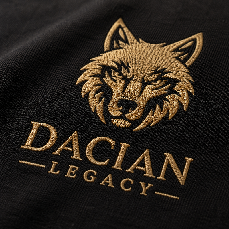 Close-up gold embroidered Dacian wolf logo on black ring-spun cotton fabric
