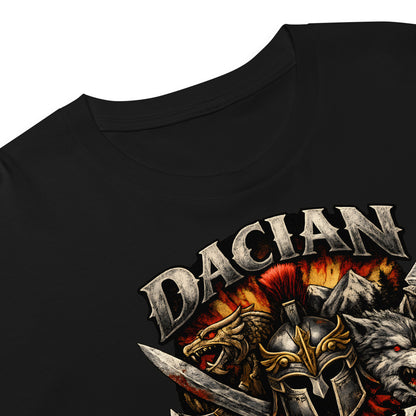 Close-up of Dacian Legacy graphic on women's black combed cotton crop top with ancient warrior design