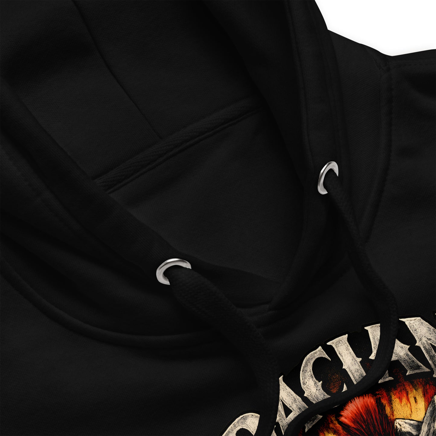 Close-up of Dacian Legacy hoodie graphic featuring snarling wolf heads, warrior helmet, crossed blades and ancient Dacian symbols