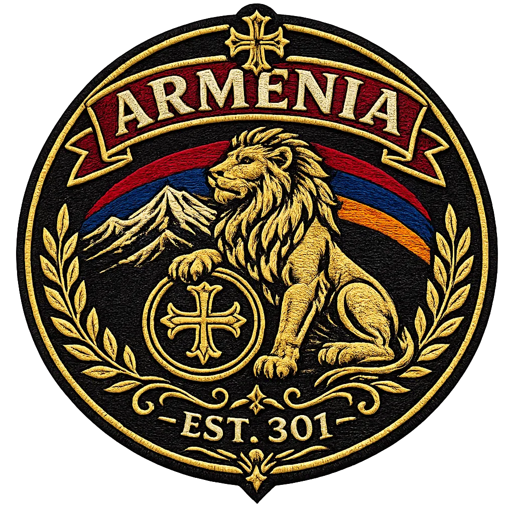 Close-up of embroidered Armenian lion crest patch