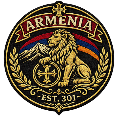 Close-up of embroidered Armenian lion crest patch