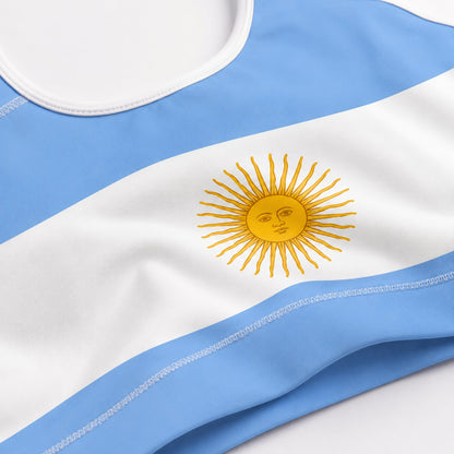 Close up fabric detail of Argentina flag sports bra