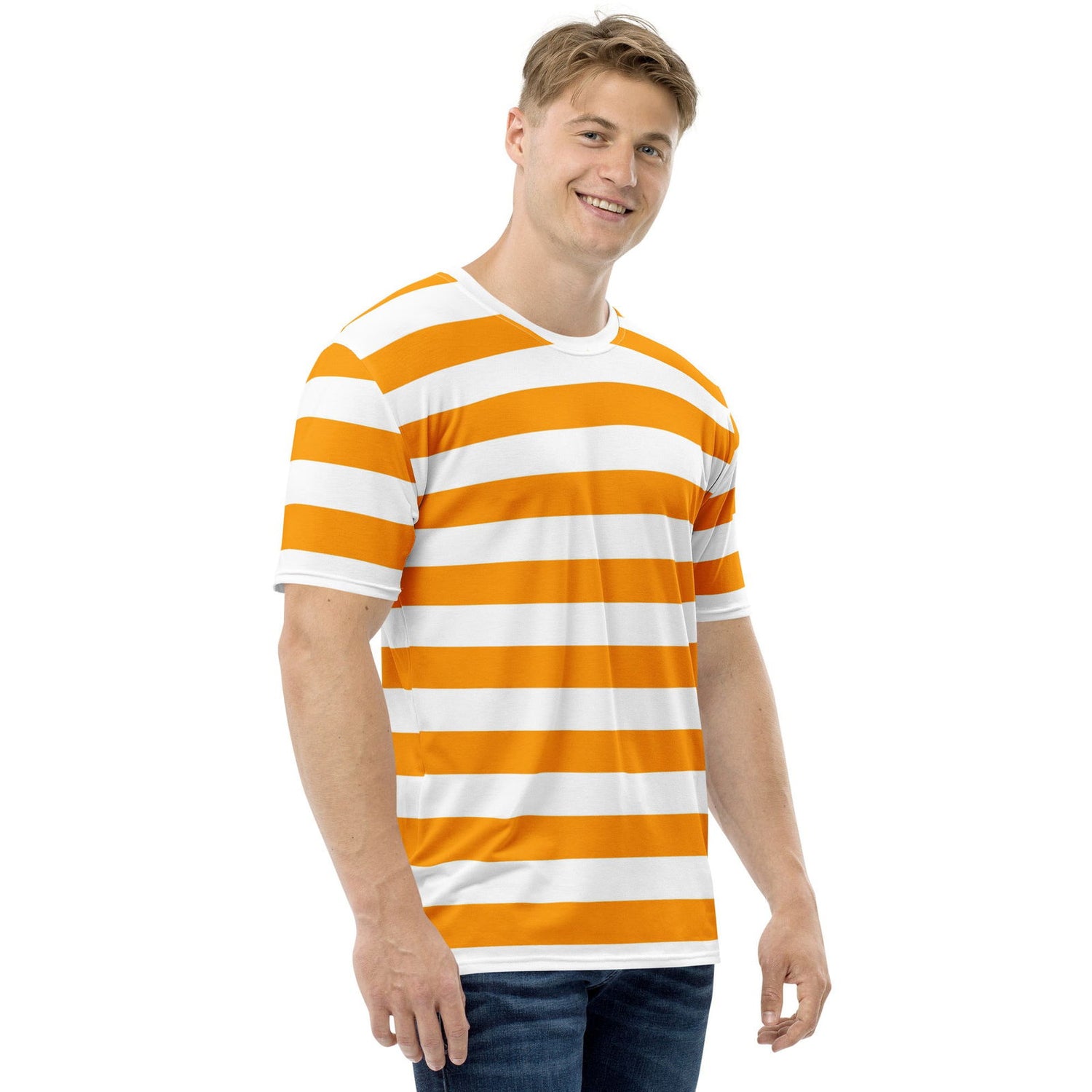 Colorfast orange and white striped shirt for men everyday wear