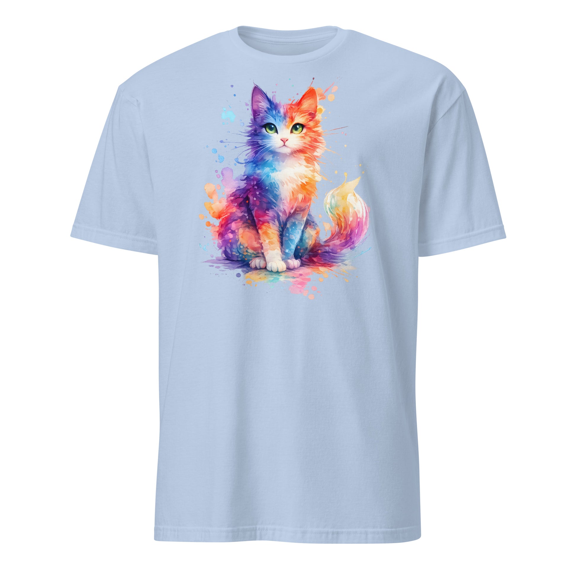 Colorful watercolor cat design on premium cotton t-shirt