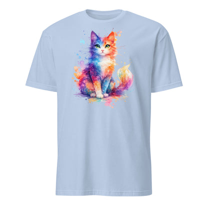 Colorful watercolor cat design on premium cotton t-shirt