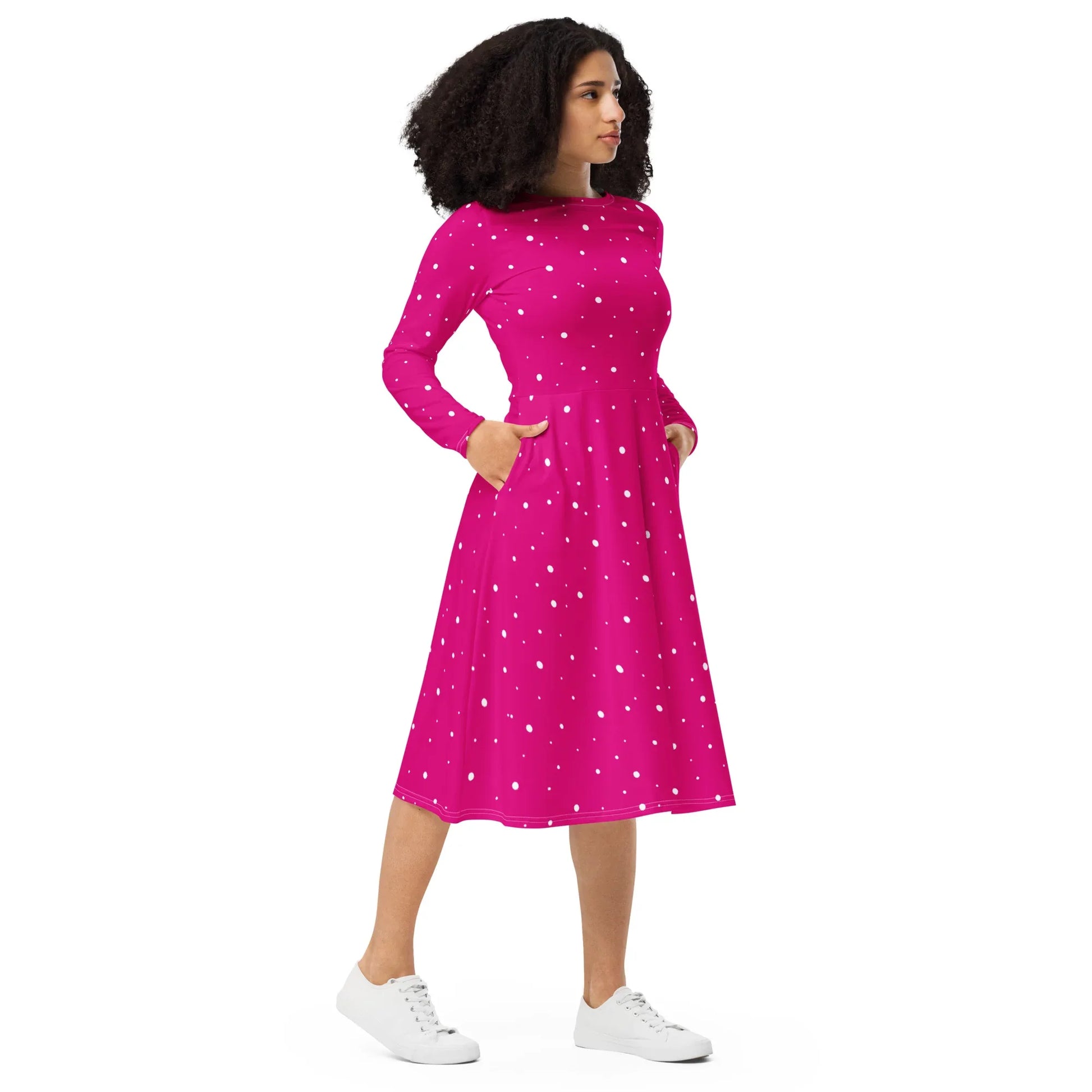 Pink and White Polka Dot Midi Dress with Sleeves Pink and White Polka Dot Midi Dress with Sleeves