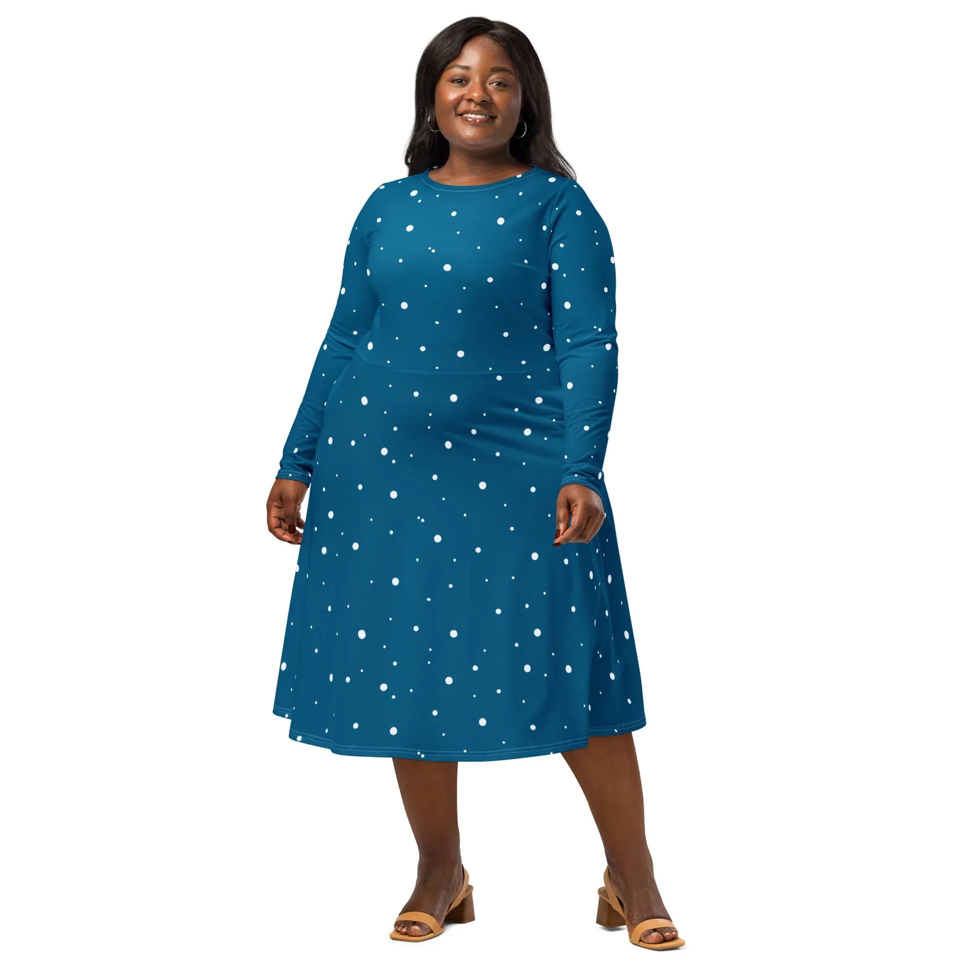 Blue White Polka Dot Midi Dress With Sleeves | YVDdesign 6XL Blue White Polka Dot Midi Dress With Sleeves | YVDdesign 6XL