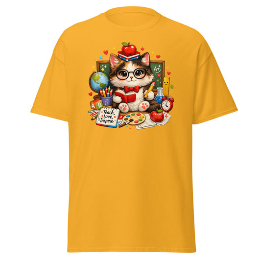 Cute Cat Teacher T-Shirt with School Supplies