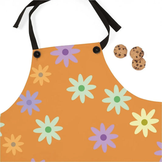 Cute kitchen apron in orange with multicolor flower pattern
