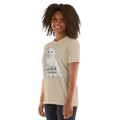Cute white cat shirt with blue eyes and sarcastic quote