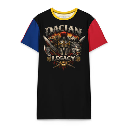 Dacian Legacy romanian t shirt dress with twin wolves and crossed swords print