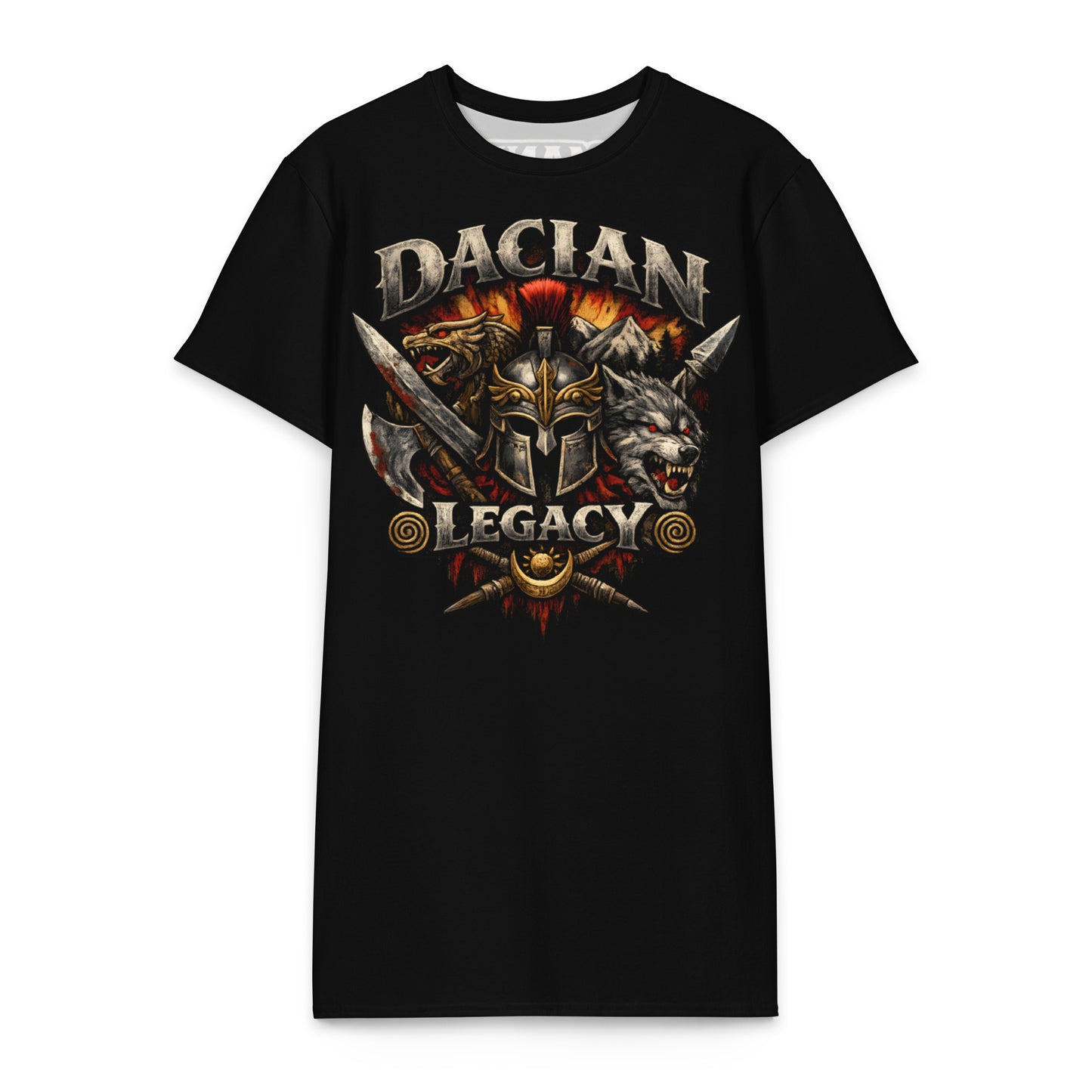 Dacian Legacy wolf and warrior crest cotton t-shirt dress in black heavyweight fabric