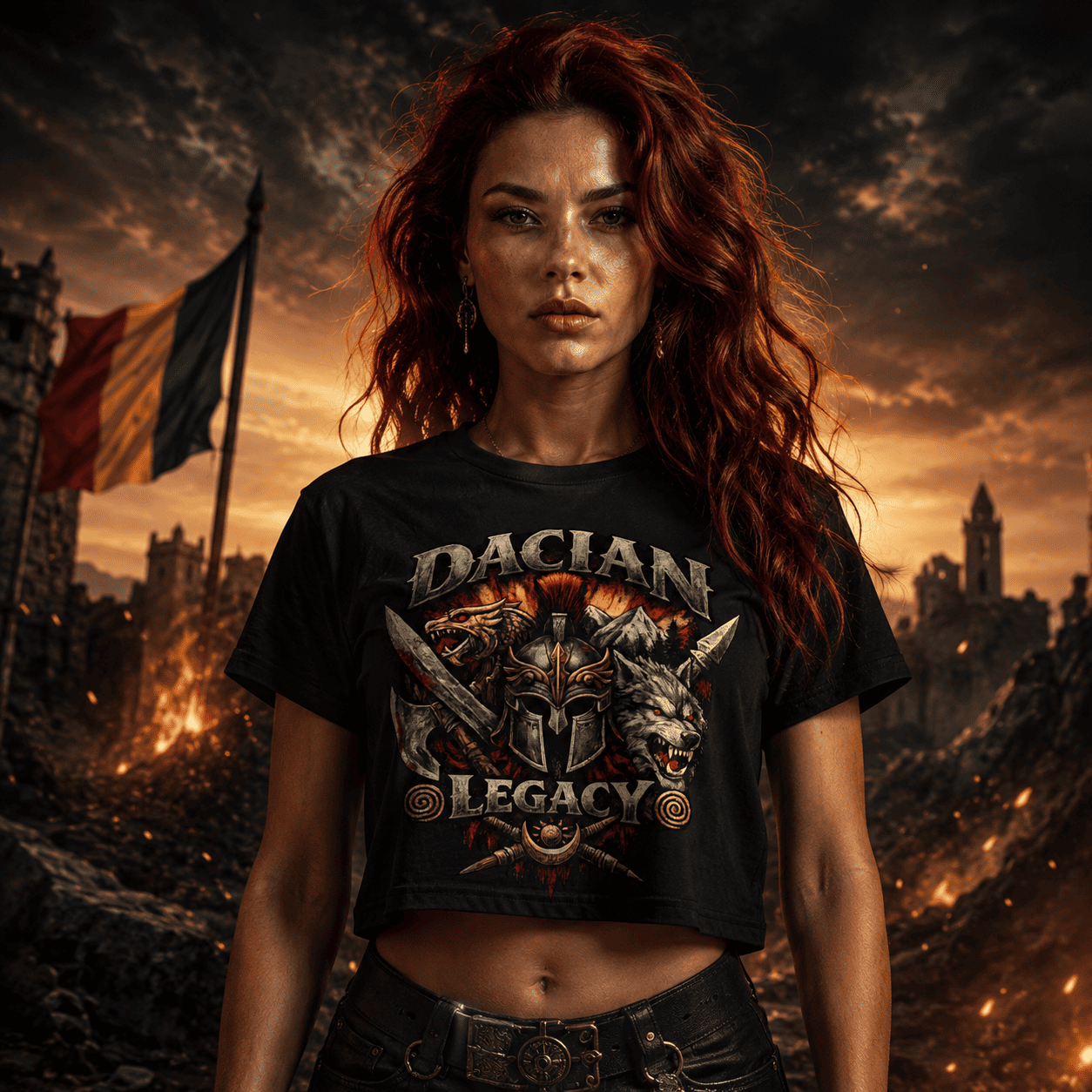 Dacian Legacy women's graphic crop top with warrior helmet wolf and dragon design on black tee