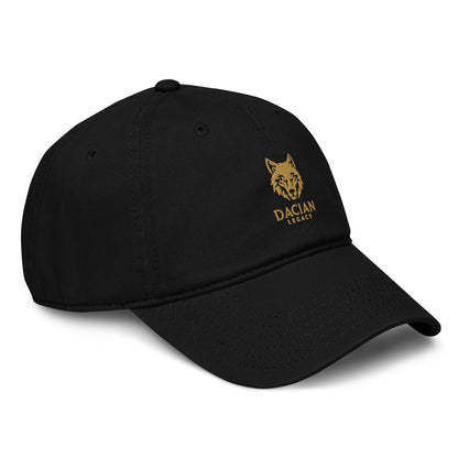 Dacian wolf gold embroidered logo on black unstructured baseball cap front panel