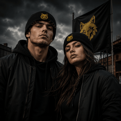 Dacian wolf knit beanie in black with gold embroidery detail