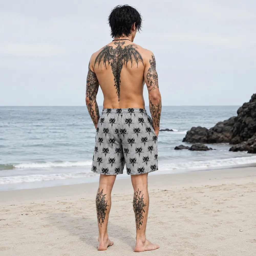 Back view dark aesthetic swim shorts for goth and metal fashion fans