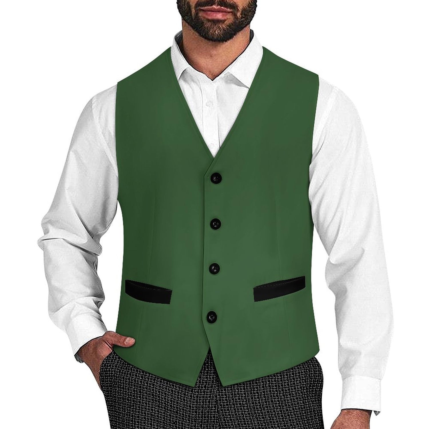 Dark green sleeveless suit vest with black pocket accents made from high-quality polyester