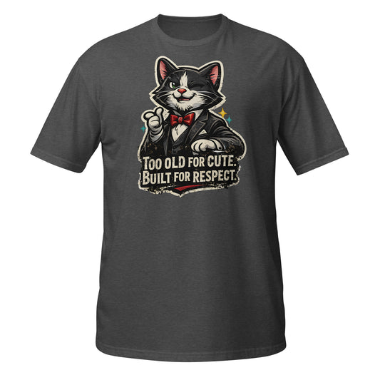 Dark heather t-shirt featuring tuxedo cat in suit illustration