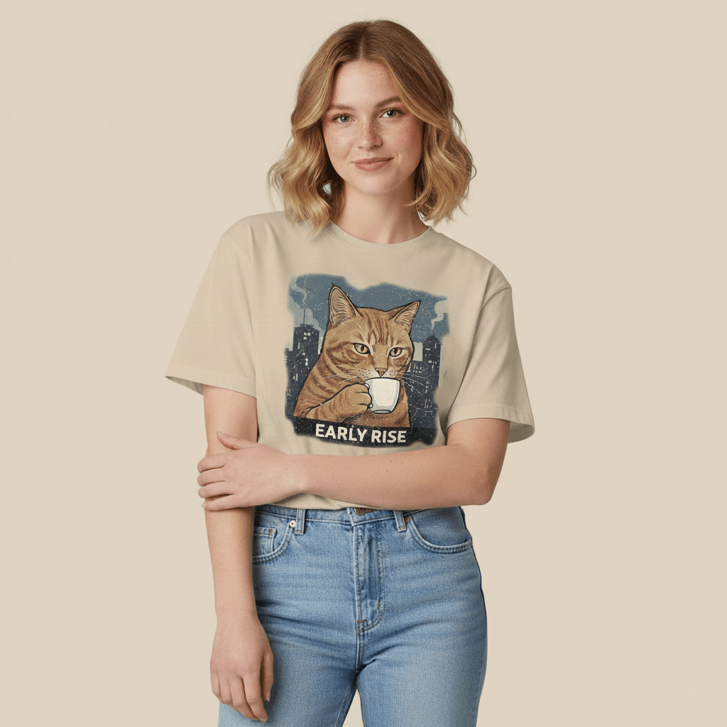 Early rise cat coffee graphic t-shirt on sand color fabric