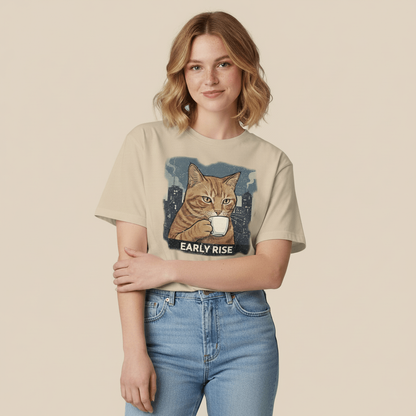 Early rise cat coffee graphic t-shirt on sand color fabric