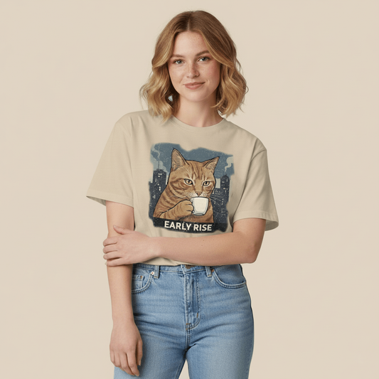 Early rise cat coffee graphic t-shirt on sand color fabric
