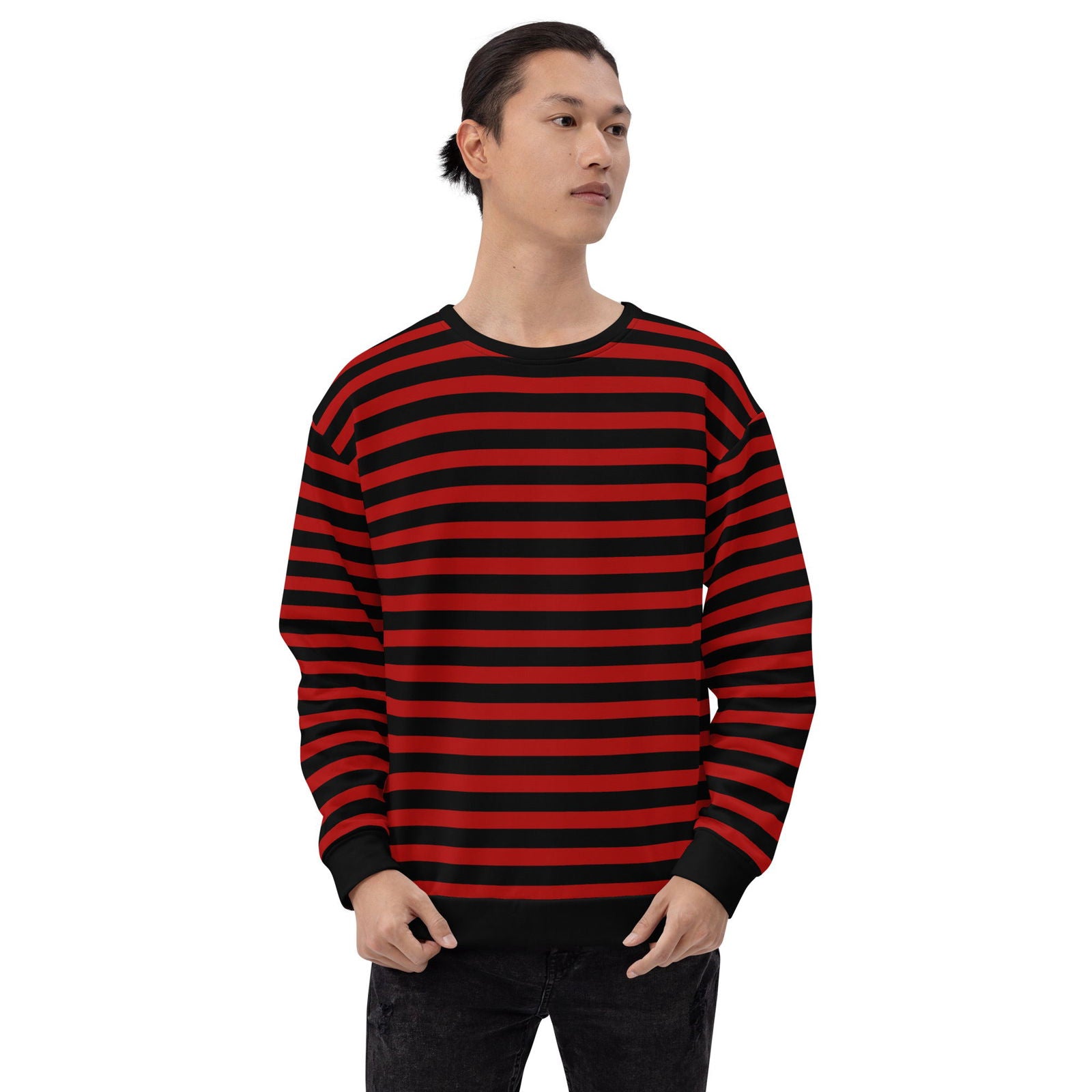 Eco friendly black and red striped sweater for men and women
