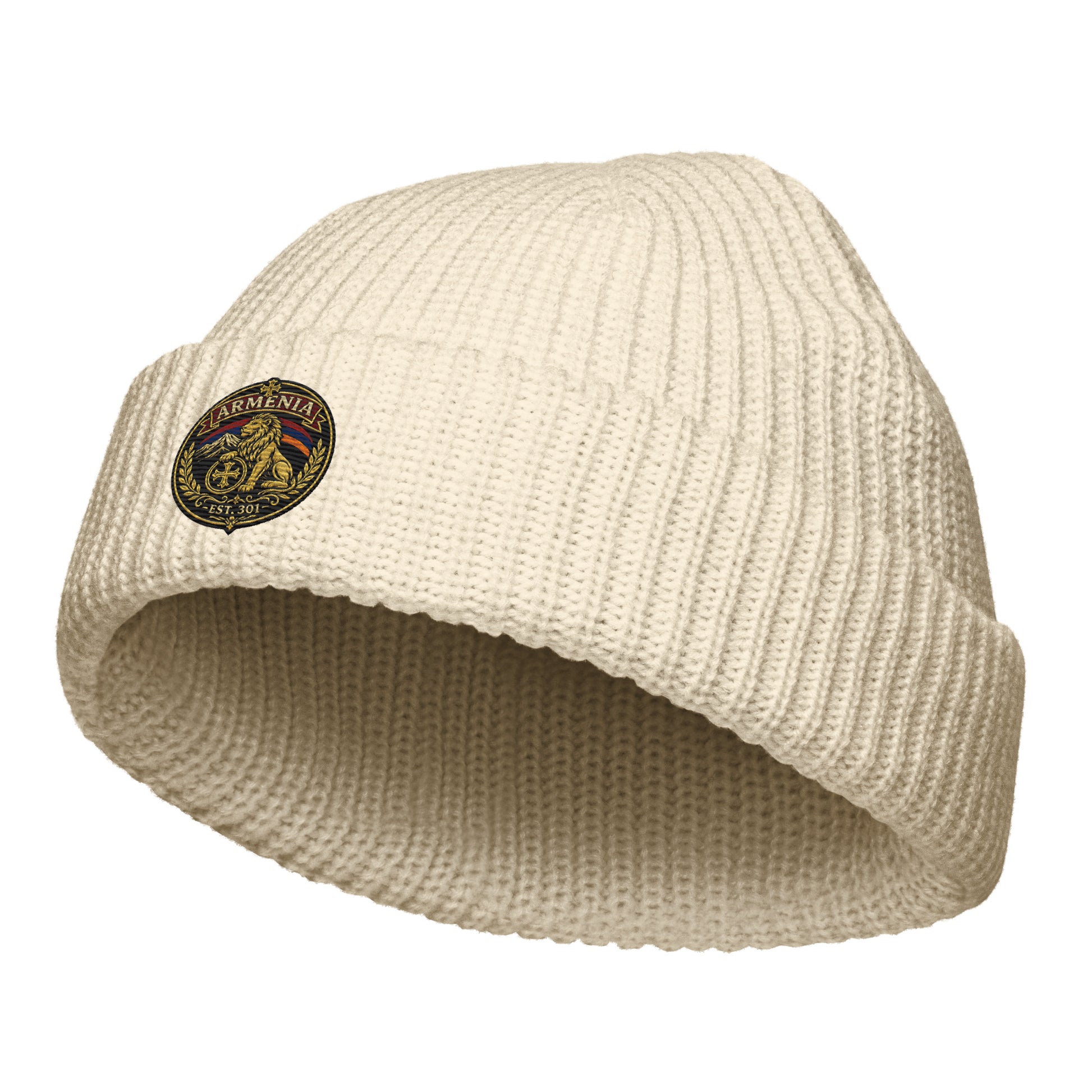 Ecru Armenia lion crest beanie with embroidered Est. 301 emblem