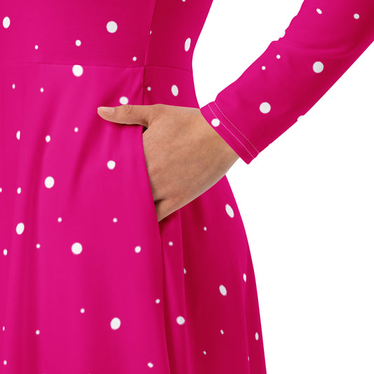 Elegant long sleeve pink polka dot dress with side pockets