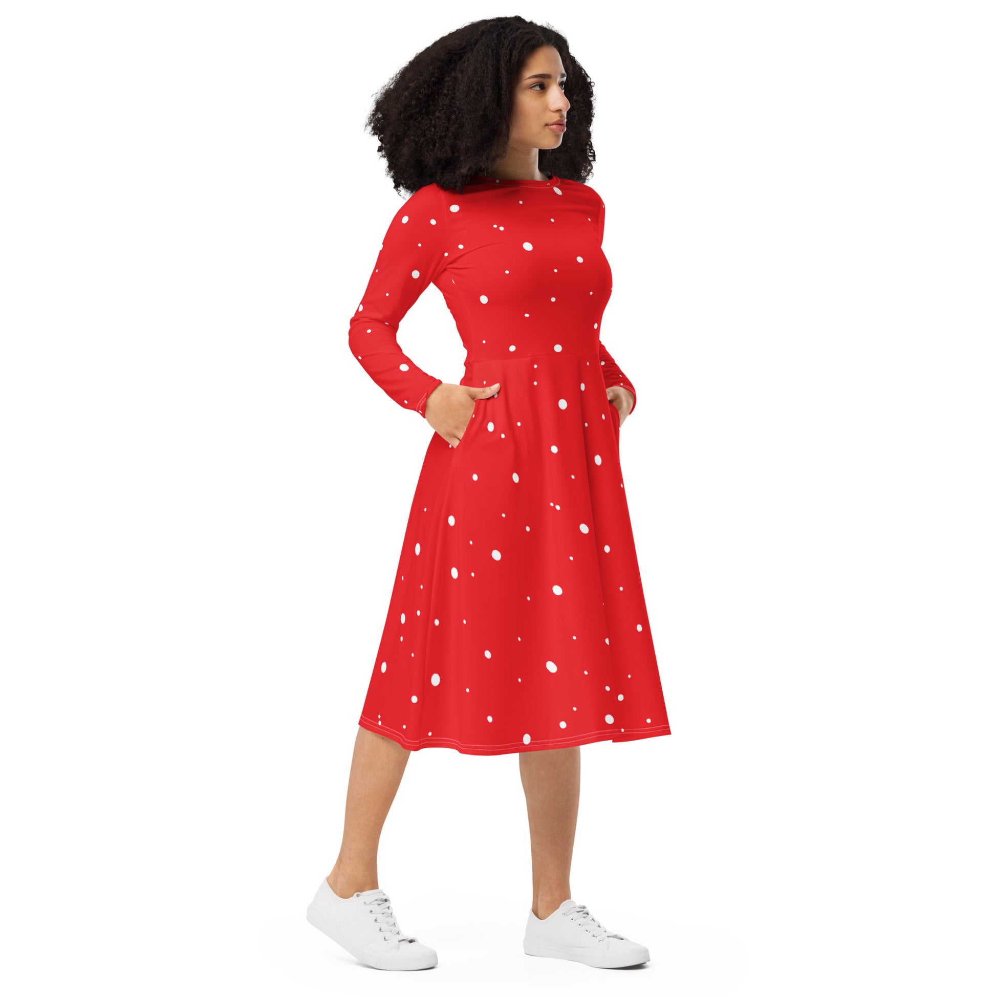 Elegant red midi dress with long sleeves and polka dots