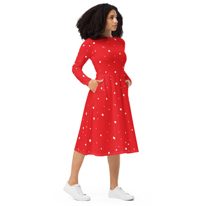 Elegant red midi dress with long sleeves and polka dots